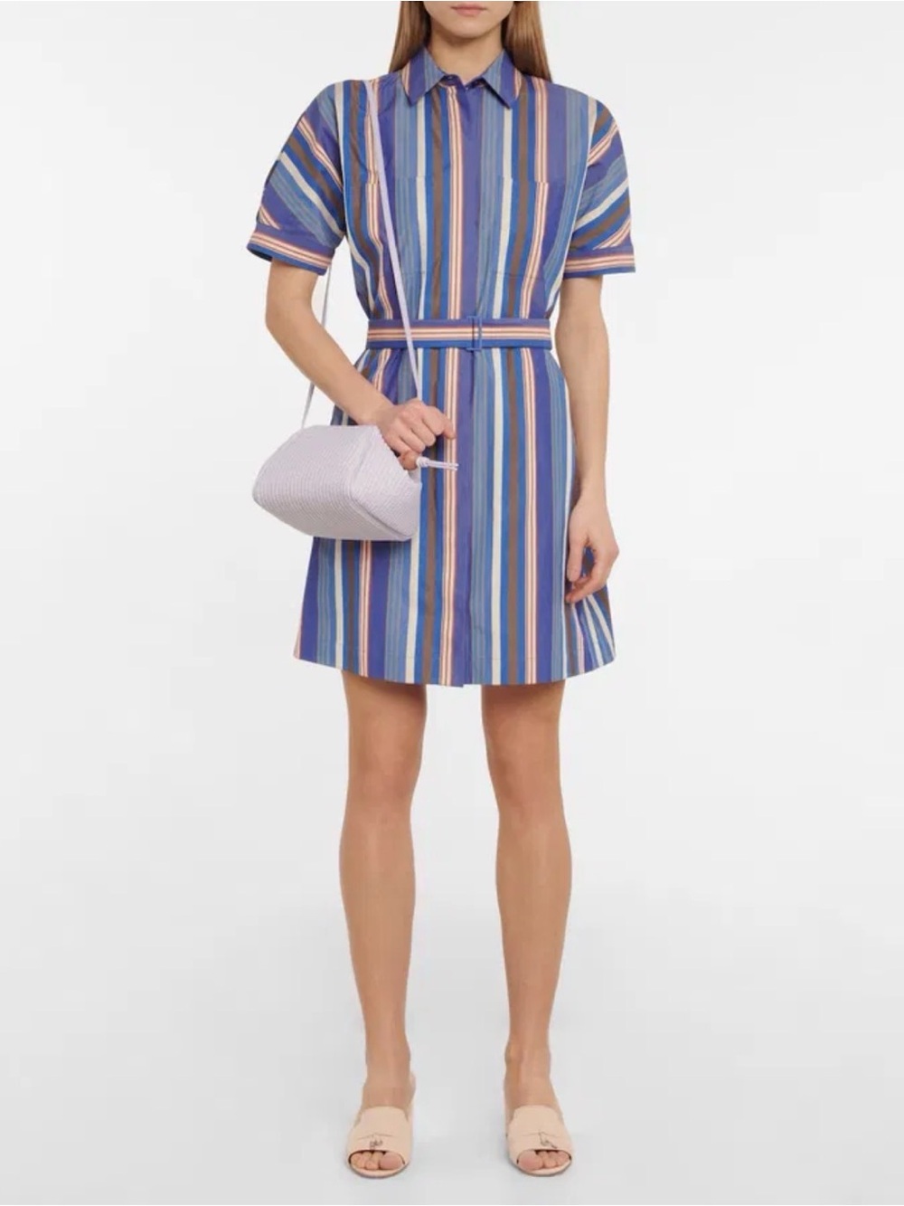 Loro Piana Blue and Pink Striped Belted Shirt Mini Dress